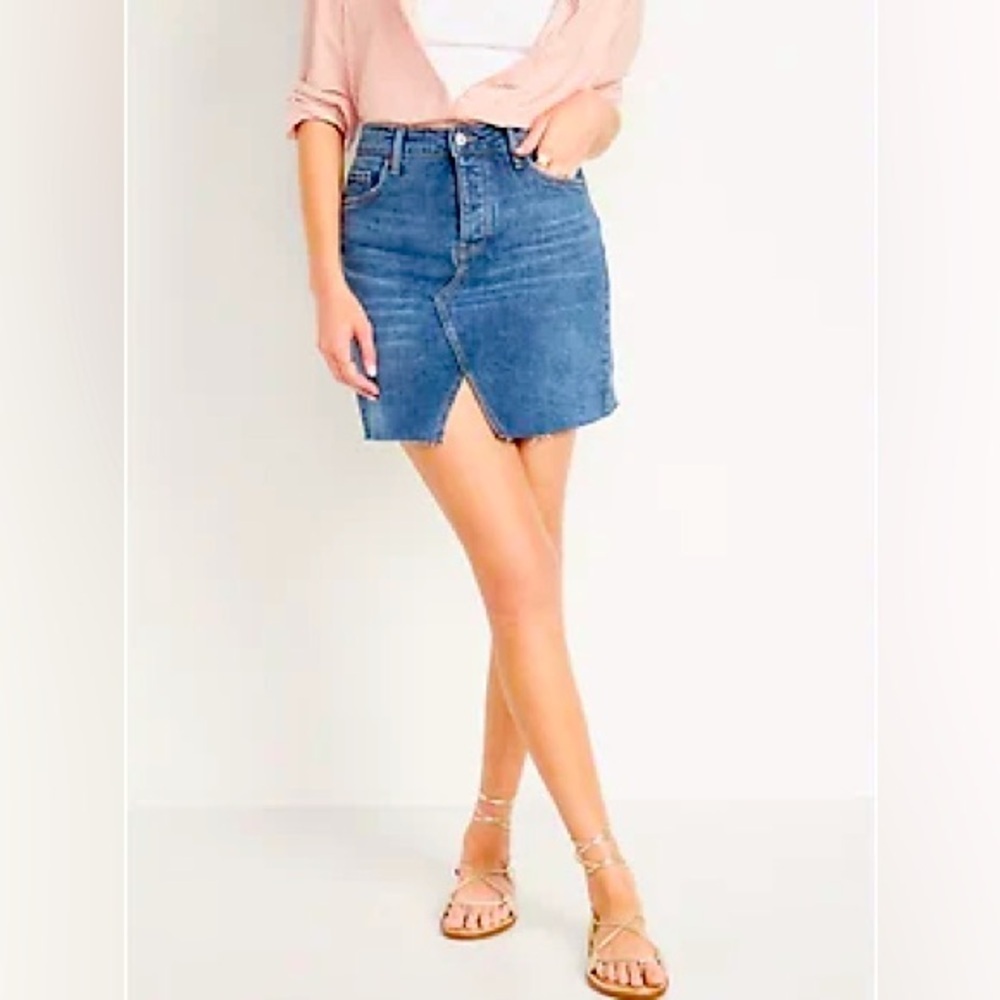 Old Navy High-Waisted Button-Fly Straight Split-Front Cut-Off Jean Skirt Sz 8